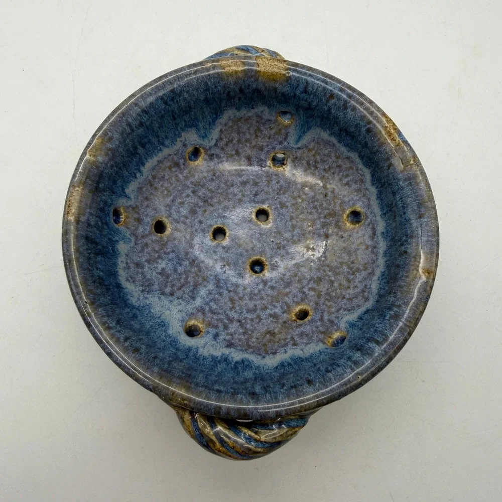 Studio Pottery Blue Stoneware Berry Bowl Colander Jane Berr 2004 Signed